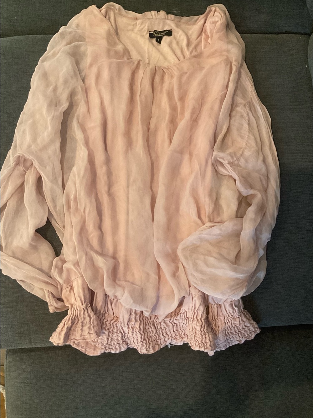 Light Pink Silk Blouse with Smocked Hem long sleeves Women's top made in Italy